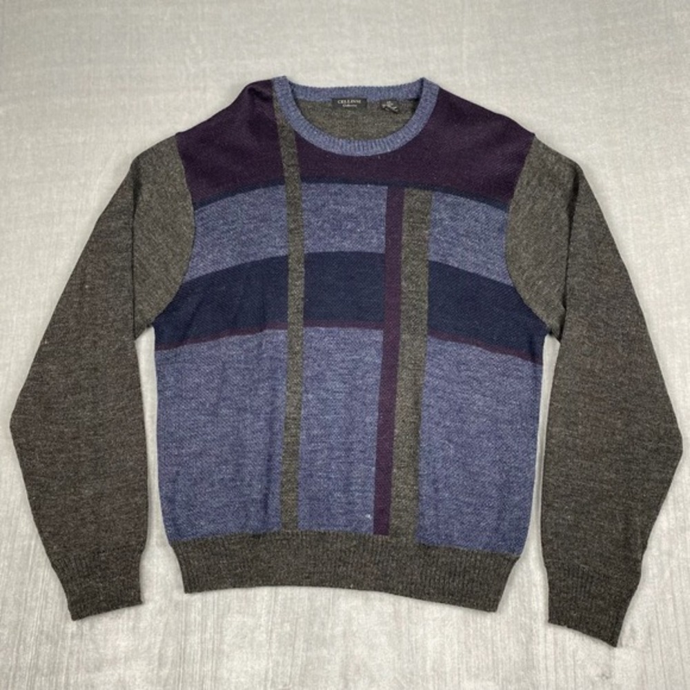 Vtg 90s Cellinni Sweater‎ Mens 2XL Blue Colorblock Wool Blend Baggy Preppy